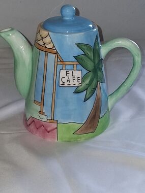 Hand-Painted 'El Cafe' Decorative Teapot - Blue & Green